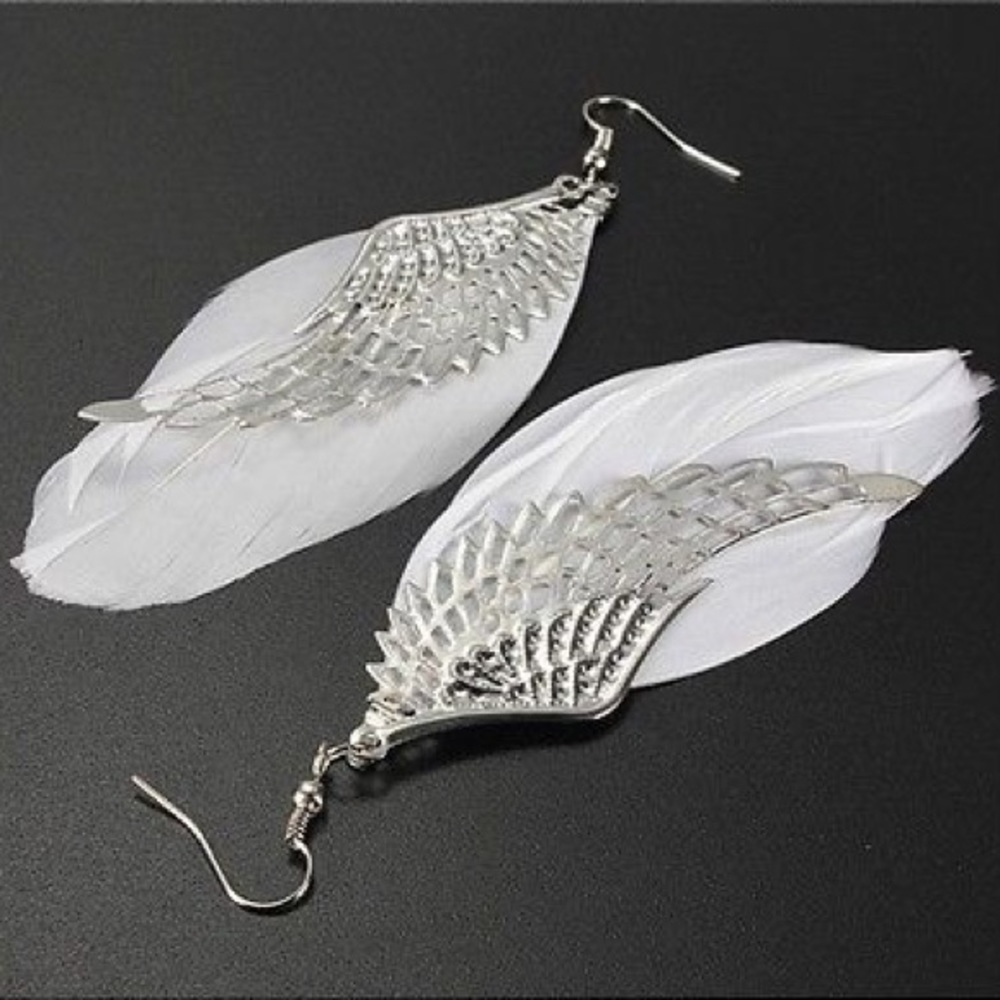 Angel Wing Feather Dangle Earrings - Picture 3 of 5